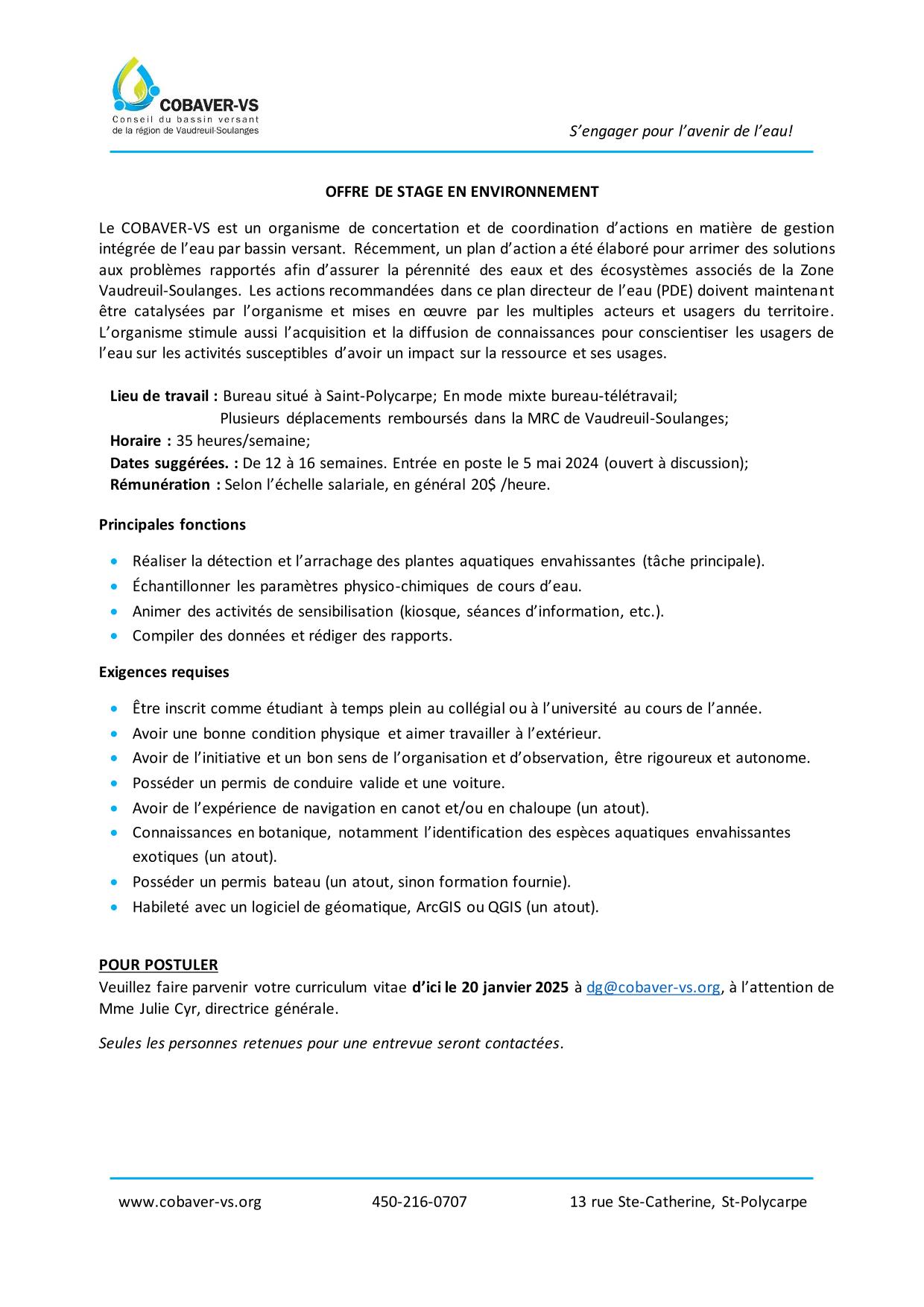 OFFRE DE STAGE: Agent en environnement